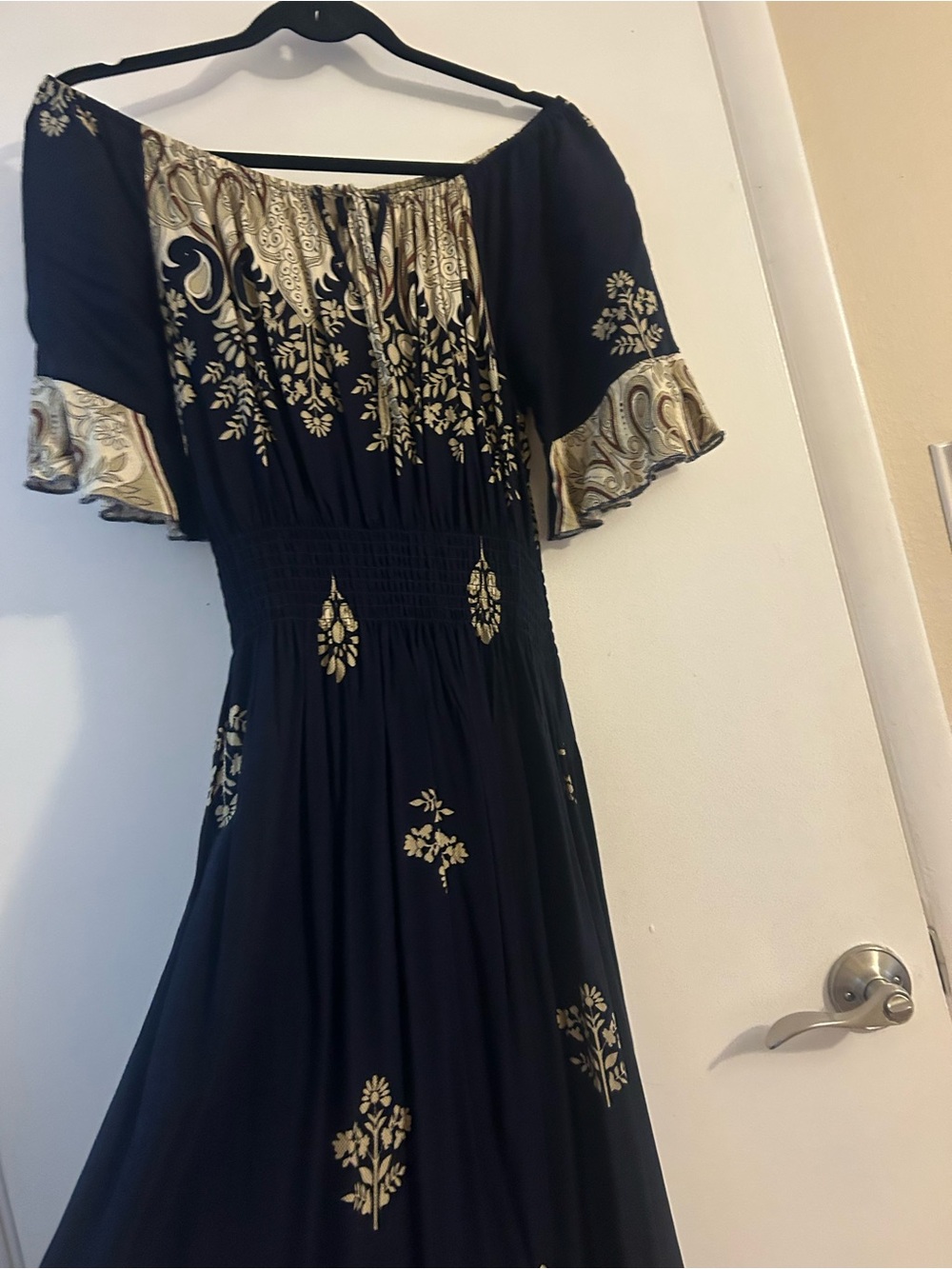 Boho Off-Shoulder dark navy blue Maxi Dress with Gold Floral Print